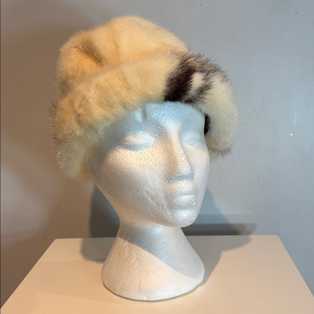 Elegant Cream and Brown vintage genuine Fur Hat